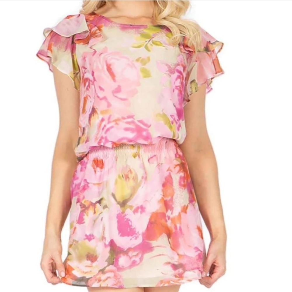 New BCBG MAXAZRIA Secret Garden Pink Floral Watercolor Paint Print Dress - Picture 2 of 12